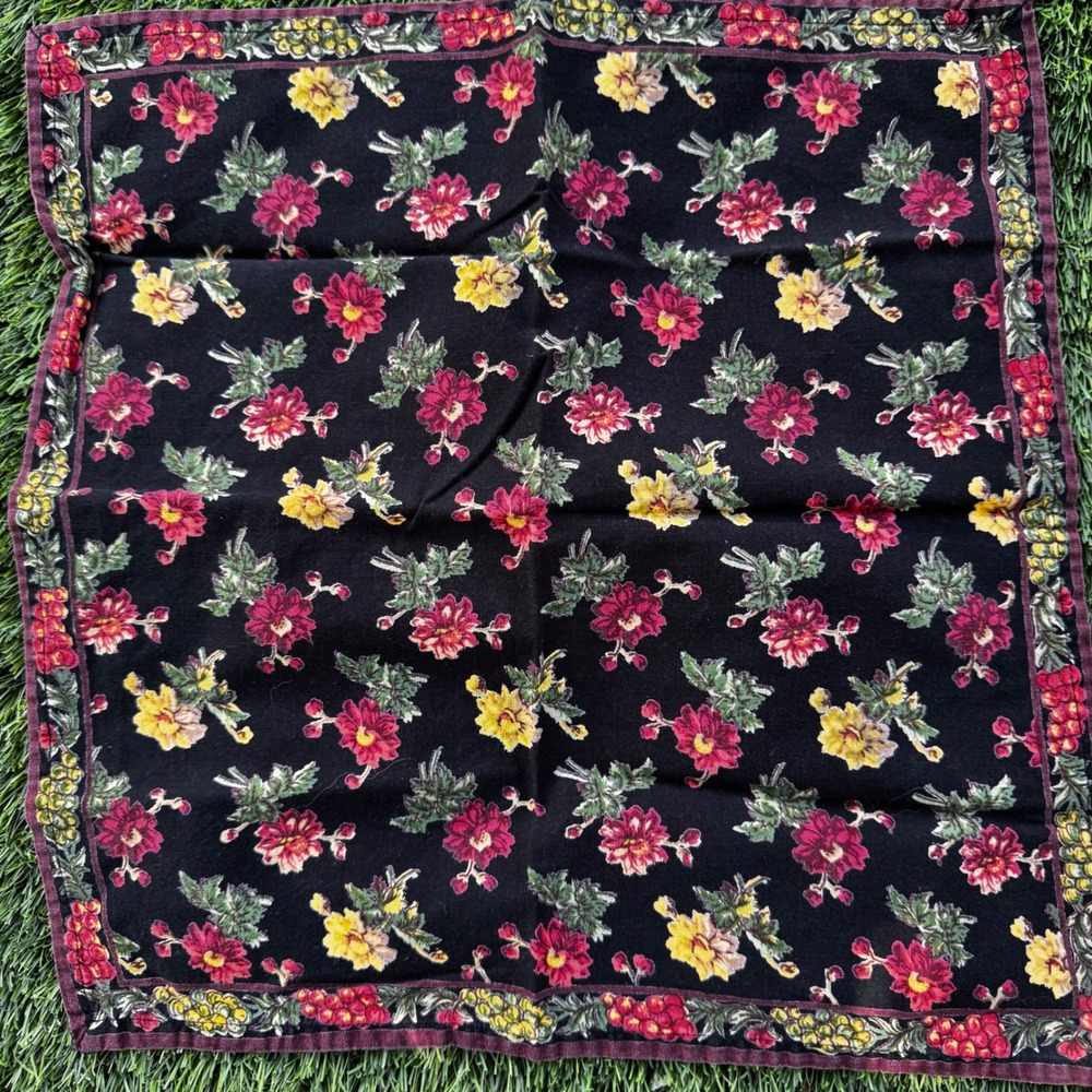 Vintage Handcrafted Floral Print Black Cotton Cloth Napkins Set‎ of 2 Flowers